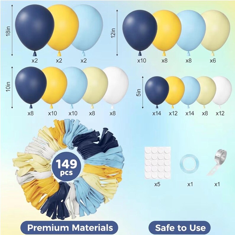 149Pcs Blue and Yellow Balloon Garland Kit Different Sizes 18 12 10 5Inch, 6Pcs 18” White Latex Balloons for Summer Tropical Lemon Party