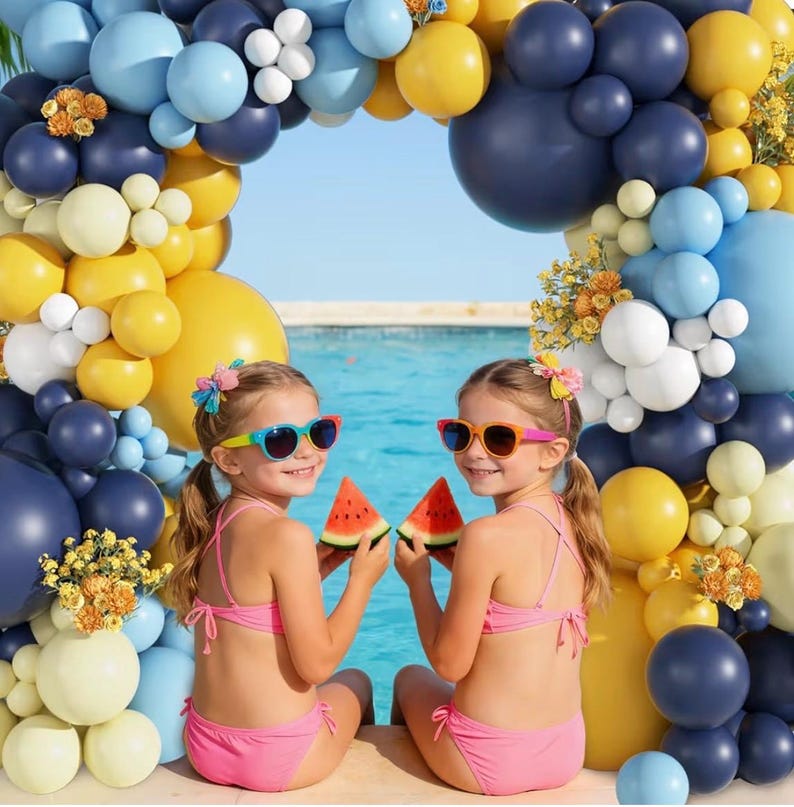 149Pcs Blue and Yellow Balloon Garland Kit Different Sizes 18 12 10 5Inch, 6Pcs 18” White Latex Balloons for Summer Tropical Lemon Party