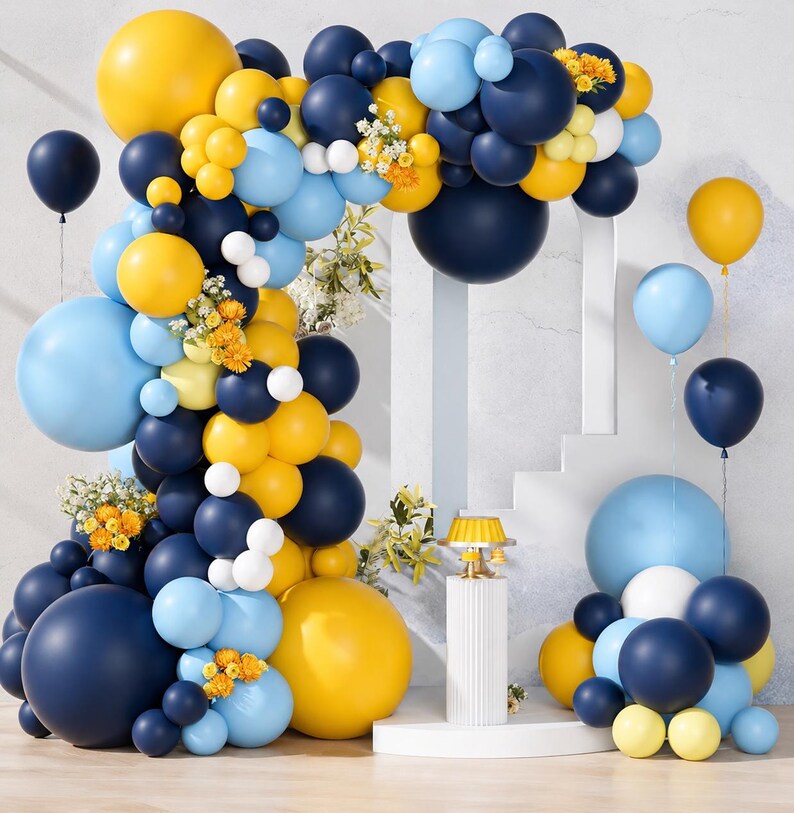 149Pcs Blue and Yellow Balloon Garland Kit Different Sizes 18 12 10 5Inch, 6Pcs 18” White Latex Balloons for Summer Tropical Lemon Party