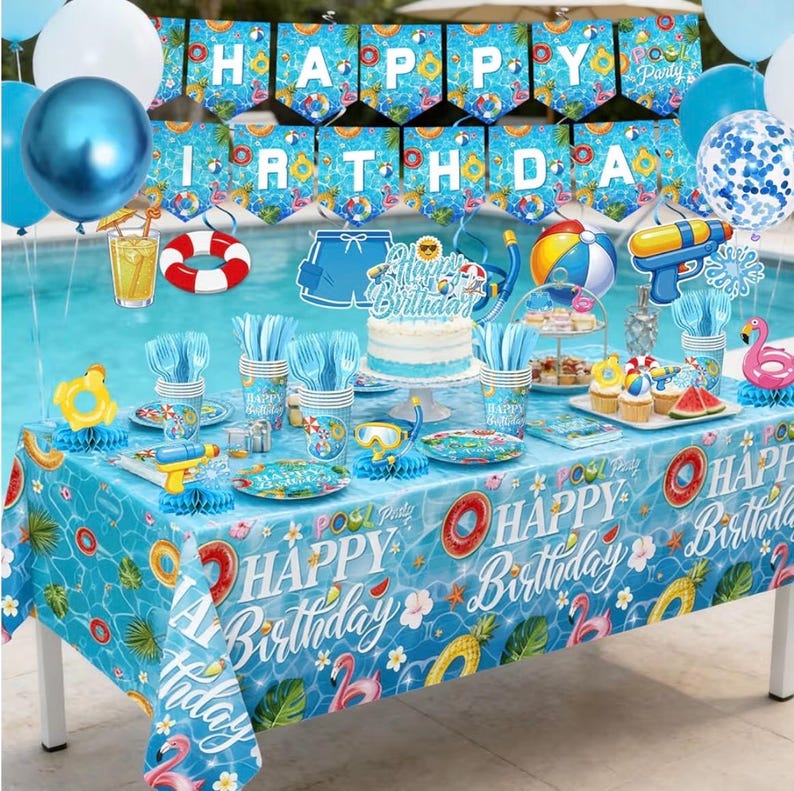 Pool Birthday Party Decorations - Plates,Napkins, Cups,Cutlery, Honeycomb Centerpieces,Banner, Hanging Swirls, Tablecloths,Toppers, Balloons
