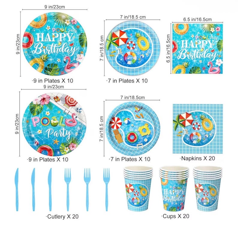 Pool Birthday Party Decorations - Plates,Napkins, Cups,Cutlery, Honeycomb Centerpieces,Banner, Hanging Swirls, Tablecloths,Toppers, Balloons