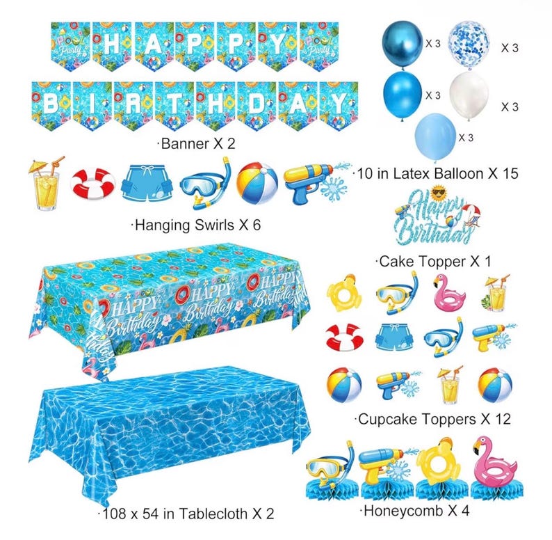 Pool Birthday Party Decorations - Plates,Napkins, Cups,Cutlery, Honeycomb Centerpieces,Banner, Hanging Swirls, Tablecloths,Toppers, Balloons