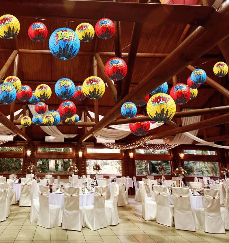 6 Pcs Hero Themed Party Decorations Fun Hero Paper Lanterns Hanging Comic Wow Zap Boom Lanterns for Adults Birthday Party Supplies