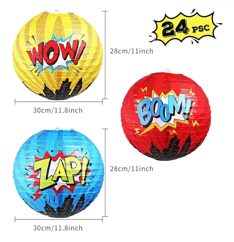 6 Pcs Hero Themed Party Decorations Fun Hero Paper Lanterns Hanging Comic Wow Zap Boom Lanterns for Adults Birthday Party Supplies