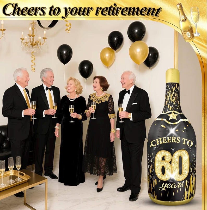 6FT Inflatable Champagne Bottle with 4 Interchangeable Milestone Banners (30th/40th/50th/60th) Black Gold Light Up Blow Up Outdoor Party