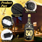 6FT Inflatable Champagne Bottle with 4 Interchangeable Milestone Banners (30th/40th/50th/60th) Black Gold Light Up Blow Up Outdoor Party