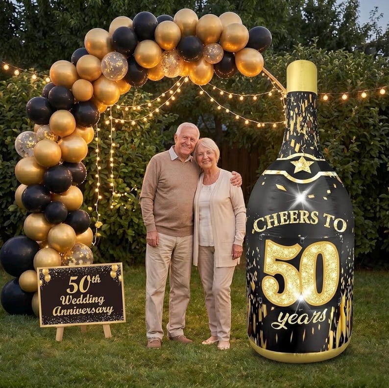 6FT Inflatable Champagne Bottle with 4 Interchangeable Milestone Banners (30th/40th/50th/60th) Black Gold Light Up Blow Up Outdoor Party