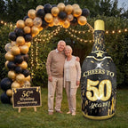 6FT Inflatable Champagne Bottle with 4 Interchangeable Milestone Banners (30th/40th/50th/60th) Black Gold Light Up Blow Up Outdoor Party