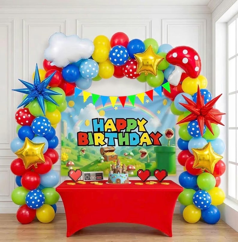 ALL-IN-1 Super Adventure Balloon Arch Kit with BONUS Mushroom, Cloud & Star Balloons for Bros Party Decorations - Red Blue Green Yellow