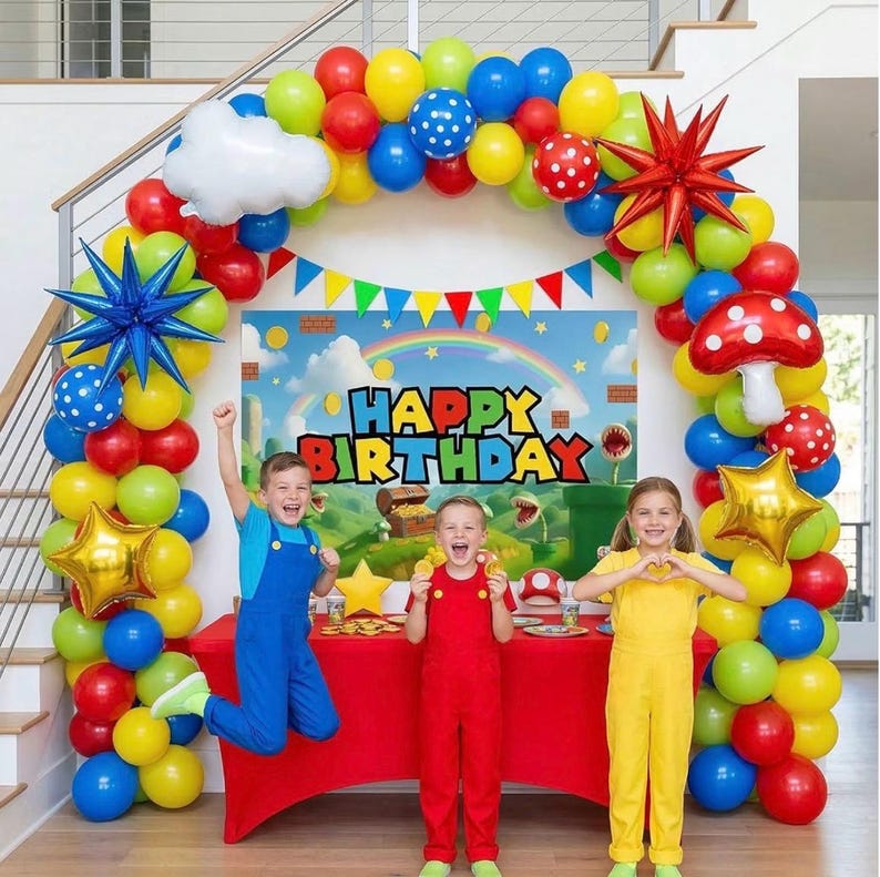 ALL-IN-1 Super Adventure Balloon Arch Kit with BONUS Mushroom, Cloud & Star Balloons for Bros Party Decorations - Red Blue Green Yellow