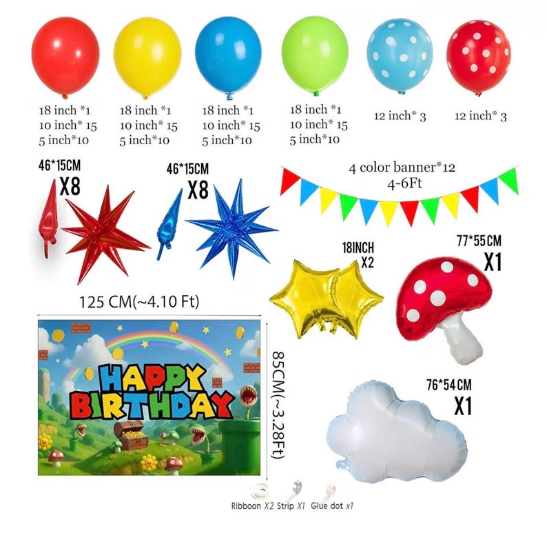 ALL-IN-1 Super Adventure Balloon Arch Kit with BONUS Mushroom, Cloud & Star Balloons for Bros Party Decorations - Red Blue Green Yellow