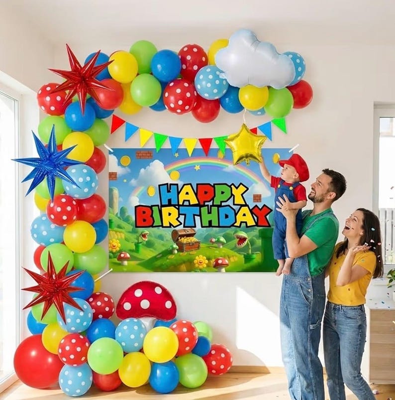 ALL-IN-1 Super Adventure Balloon Arch Kit with BONUS Mushroom, Cloud & Star Balloons for Bros Party Decorations - Red Blue Green Yellow