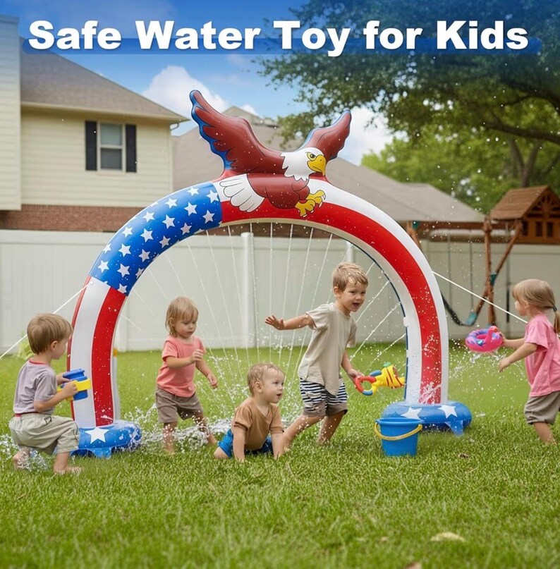 8.5 x 6.2 Ft Outdoor Sprinkler for Kids Age 3-7 Years Old - 250th Anniversary Eagle Arch Inflatable Kid Sprinklers for Yard - Water Park