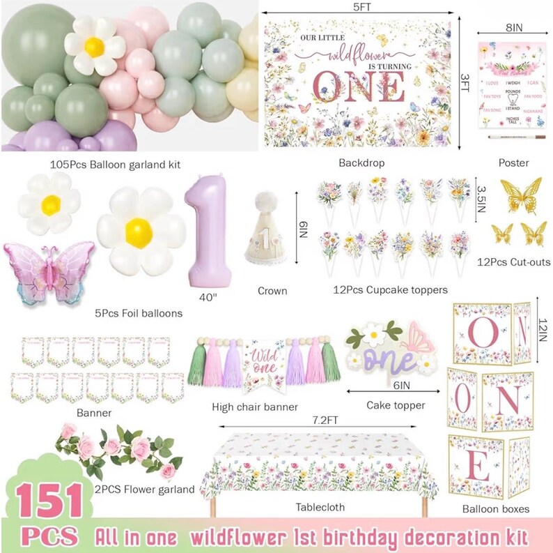 Wildflower 1st Birthday Decorations, 151 PCs Our Little Wildflower is Turning One Birthday Party Supplies with Balloon Boxes, Banners, Flora