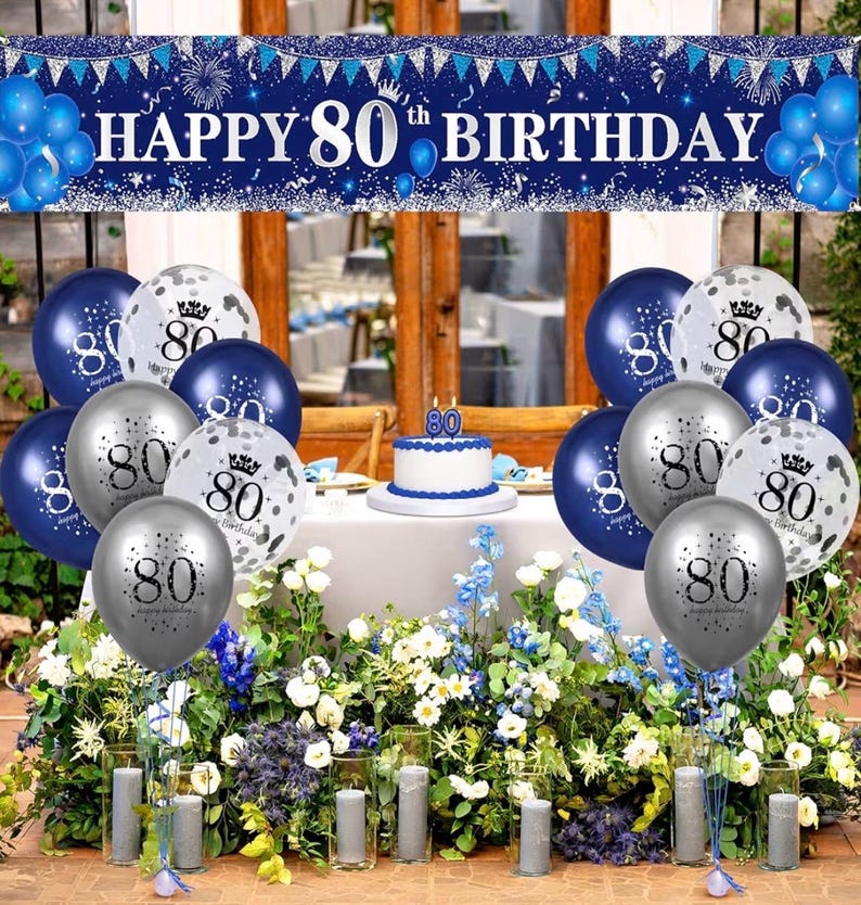 Blue 80th Birthday Decorations for Men Women, Navy Blue Silver Happy 80th Birthday Yard Banner and Balloons for Men Women 80 Years Old Party