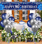Blue 80th Birthday Decorations for Men Women, Navy Blue Silver Happy 80th Birthday Yard Banner and Balloons for Men Women 80 Years Old Party