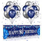 Blue 80th Birthday Decorations for Men Women, Navy Blue Silver Happy 80th Birthday Yard Banner and Balloons for Men Women 80 Years Old Party