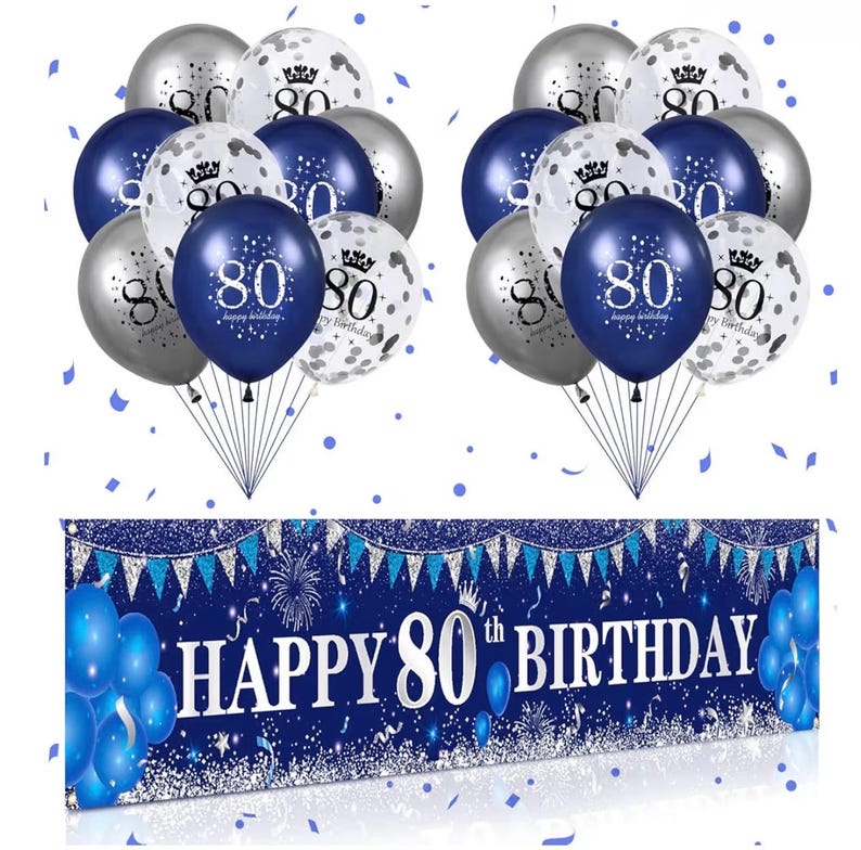 Blue 80th Birthday Decorations for Men Women, Navy Blue Silver Happy 80th Birthday Yard Banner and Balloons for Men Women 80 Years Old Party