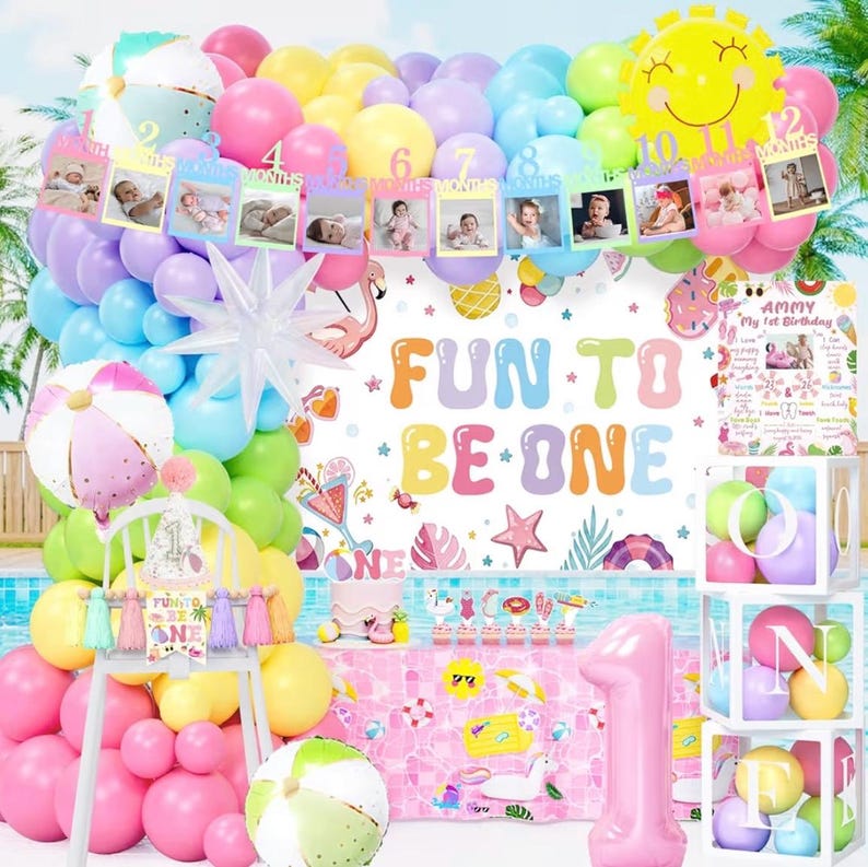 Fun to Be One Birthday Decorations, Pink Beach 1st Birthday Supplies with Backdrop, Balloon Garland, Boxes, Cake Topper for Girls Summer