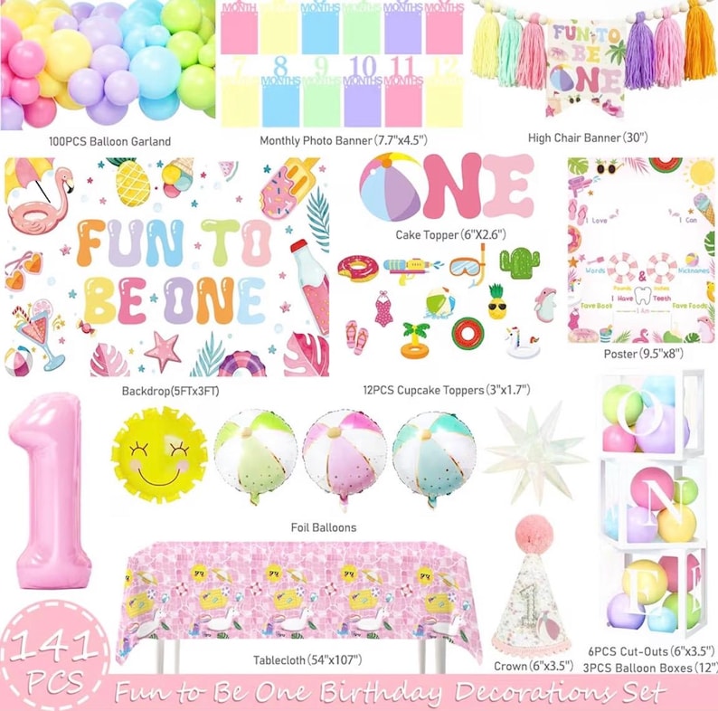 Fun to Be One Birthday Decorations, Pink Beach 1st Birthday Supplies with Backdrop, Balloon Garland, Boxes, Cake Topper for Girls Summer