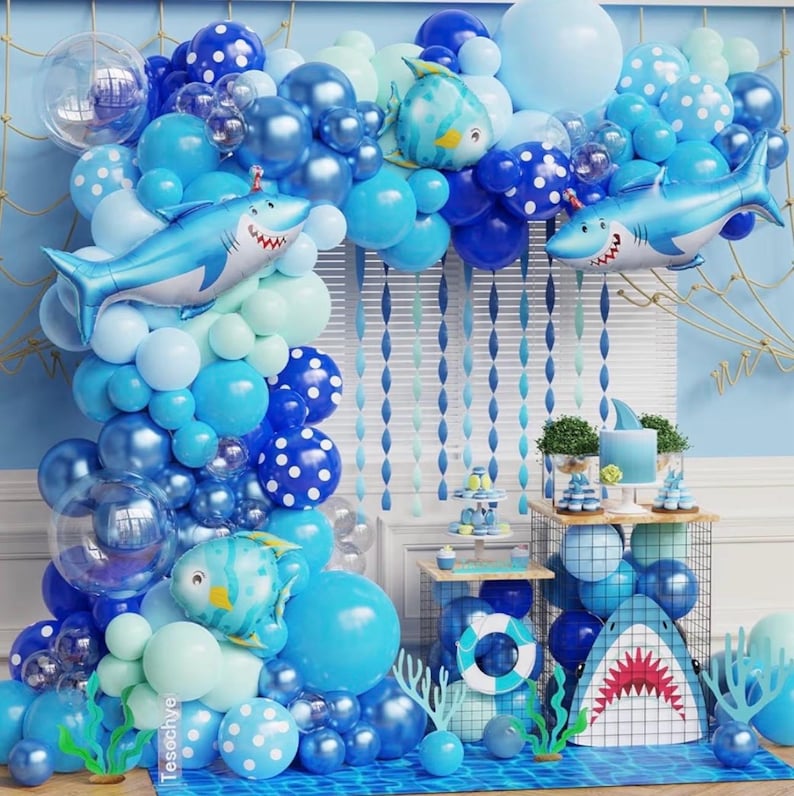 Under the Sea Party Decorations 156Pcs Blue Green Shark Balloon Arch Garland Kit with Shark Clownfish Balloons for Shark Week Ocean Animals