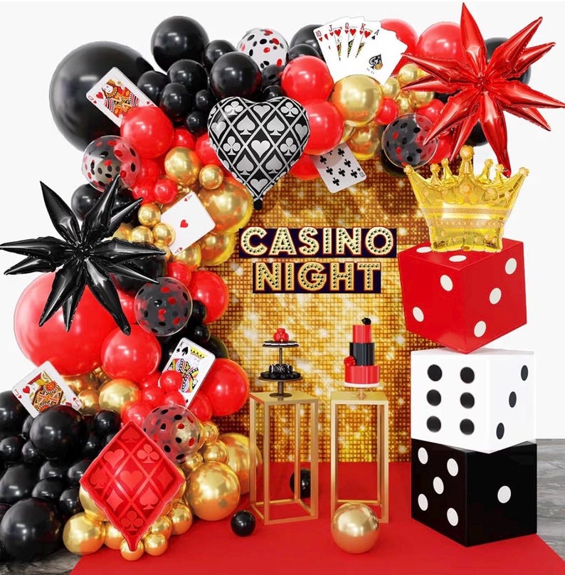 144PCS Dice Favor Boxes Casino Theme Party Decorations , Casino Balloon Arch Garland Kit Red Black Gold Dice Crown Poker Foil Balloons