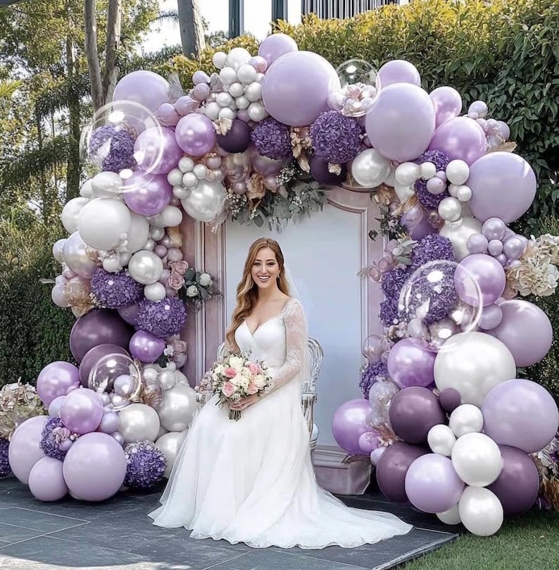 Purple White Balloon Garland Double Stuffed Light White Lilac Balloons Pearl Balloon Arch Kit For Lavender Fairy Birthday Baby Shower Weddin