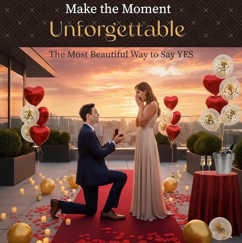 Marry Me Proposal Kit, Complete Engagement Decorations Set with LED Marquee Letters, Flameless Candles, Rose Petals, Red Carpet, Balloons
