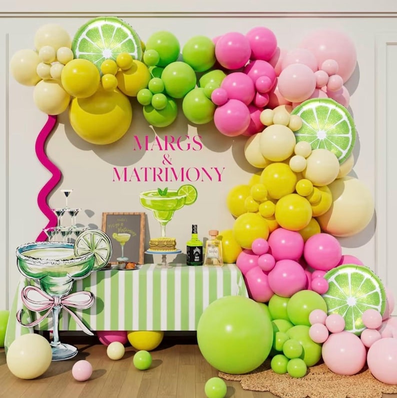 Pink Green Yellow Margs and Matrimony Balloon Arch kit for Beach Bachelorette Last Toast Final Fiesta Bridal Shower Margarita Party Decor