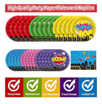 96Pcs Super Theme Hero Party Plates and Napkins Forks for Comic Heroes Birthday Decorations Hero's Action Sign Cityscape Buildings Tableware