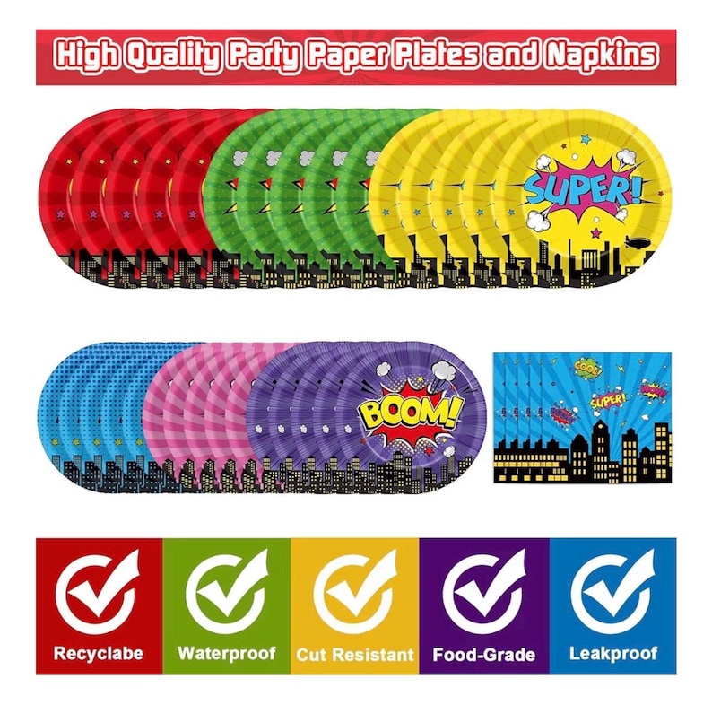 96Pcs Super Theme Hero Party Plates and Napkins Forks for Comic Heroes Birthday Decorations Hero's Action Sign Cityscape Buildings Tableware