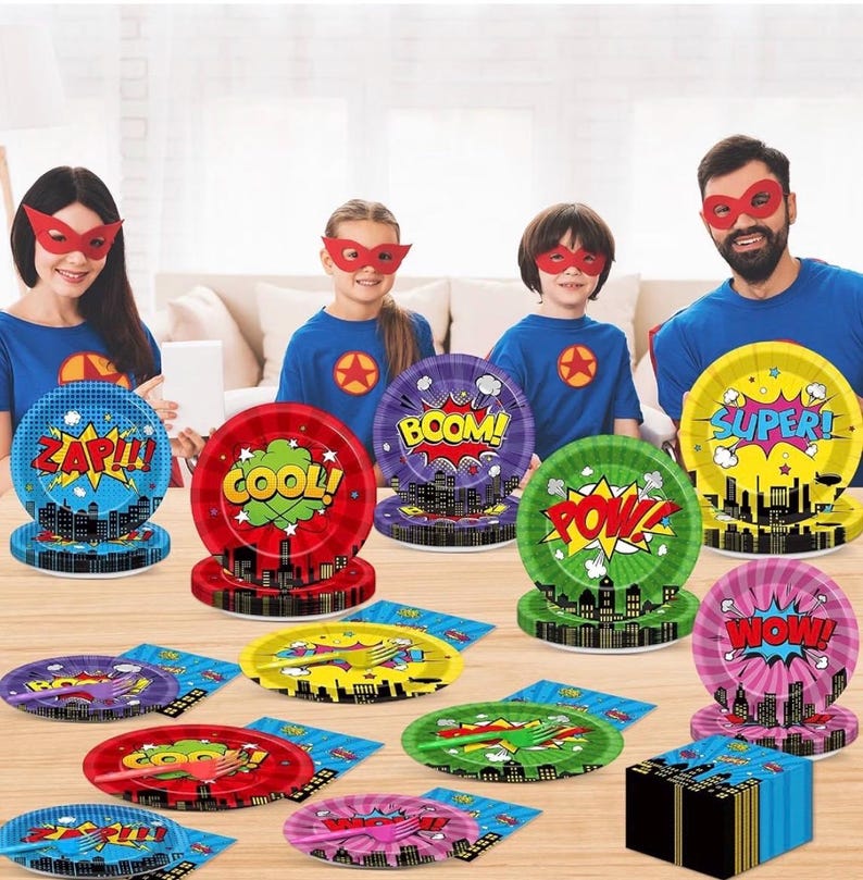 96Pcs Super Theme Hero Party Plates and Napkins Forks for Comic Heroes Birthday Decorations Hero's Action Sign Cityscape Buildings Tableware