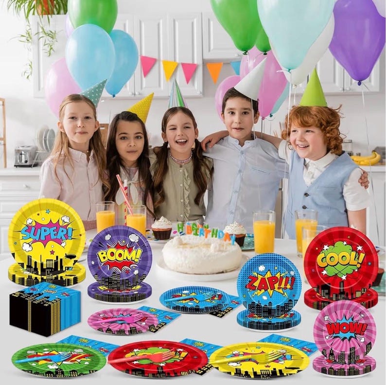 96Pcs Super Theme Hero Party Plates and Napkins Forks for Comic Heroes Birthday Decorations Hero's Action Sign Cityscape Buildings Tableware