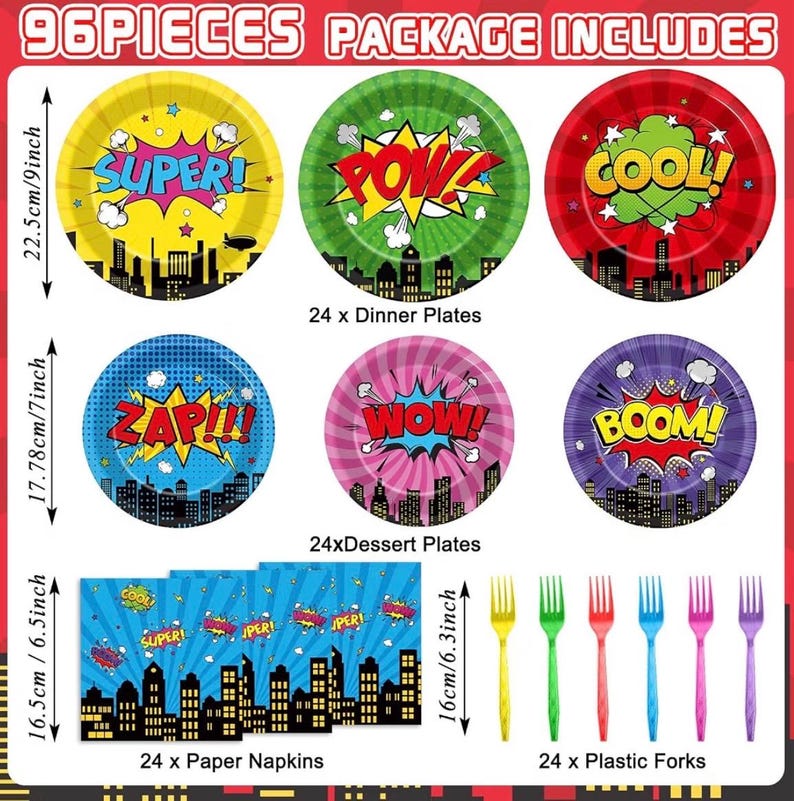 96Pcs Super Theme Hero Party Plates and Napkins Forks for Comic Heroes Birthday Decorations Hero's Action Sign Cityscape Buildings Tableware