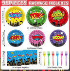 96Pcs Super Theme Hero Party Plates and Napkins Forks for Comic Heroes Birthday Decorations Hero's Action Sign Cityscape Buildings Tableware