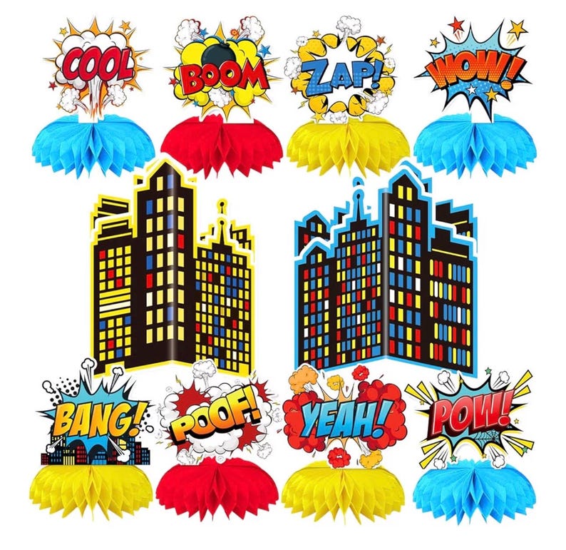 10 Pieces Hero Party Decoration, Hero Honeycomb Centerpieces 3D Table Topper Standing Decorations, Hero-Theme Party Supplies for Birthday