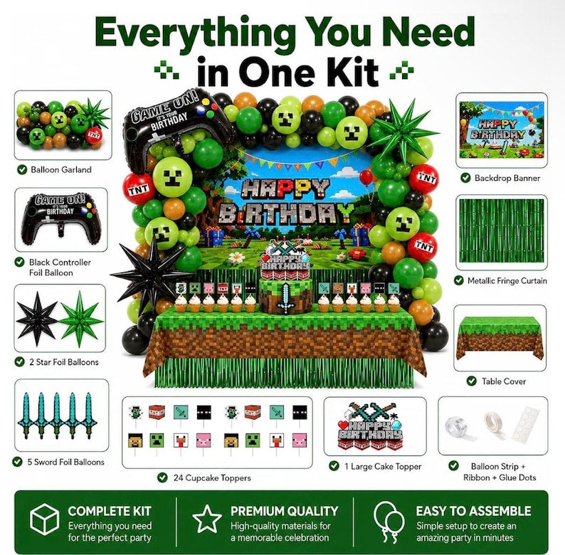 Pixel Game Birthday Party Decorations, “Game On” Pixel Theme Party Supplies Kit for Boys & Girls —131 Pcs Balloons, Backdrop, Curtain