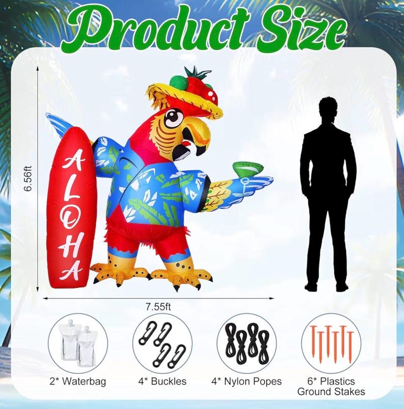 6.56x7.55ft Inflatable Parrot Decorations Tiki Inflatable Flying Parrot with LED Lights Aloha Jungle Animals Luau Hawaiian Tropical Party