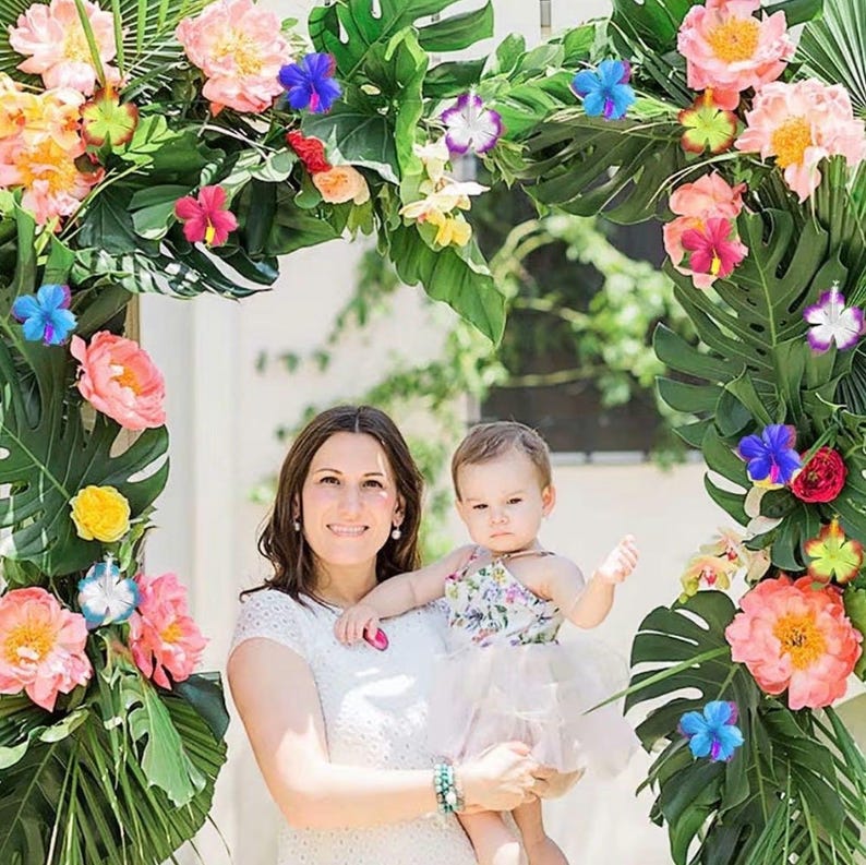 Tropical Luau Party Garland, Hibiscus Flowers Palm Leaves Banner, Hawaiian Beach Party Decor, Summer Pool Party Tiki Aloha Decorations,60pcs