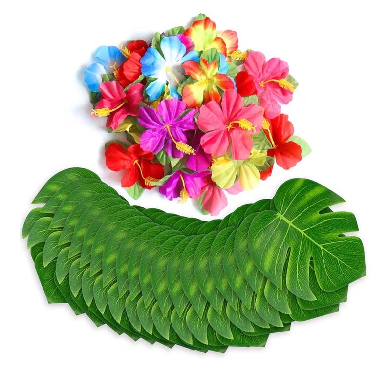 Tropical Luau Party Garland, Hibiscus Flowers Palm Leaves Banner, Hawaiian Beach Party Decor, Summer Pool Party Tiki Aloha Decorations,60pcs