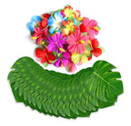 Tropical Luau Party Garland, Hibiscus Flowers Palm Leaves Banner, Hawaiian Beach Party Decor, Summer Pool Party Tiki Aloha Decorations,60pcs