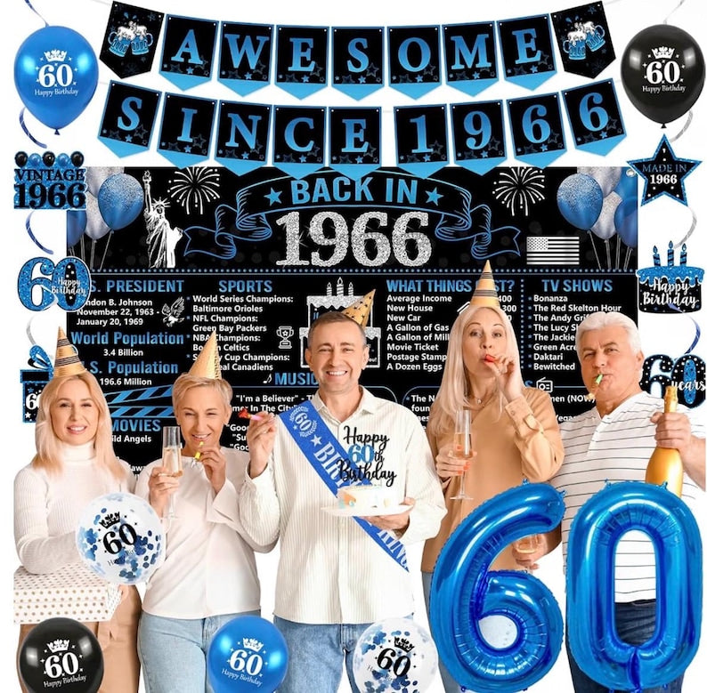 Back in 1966 Birthday Decorations for Men, 20PCS Black Blue 60th Birthday Party Supplies, Blue Back in 1966 Poster Banner, Sash, 60 Year Old