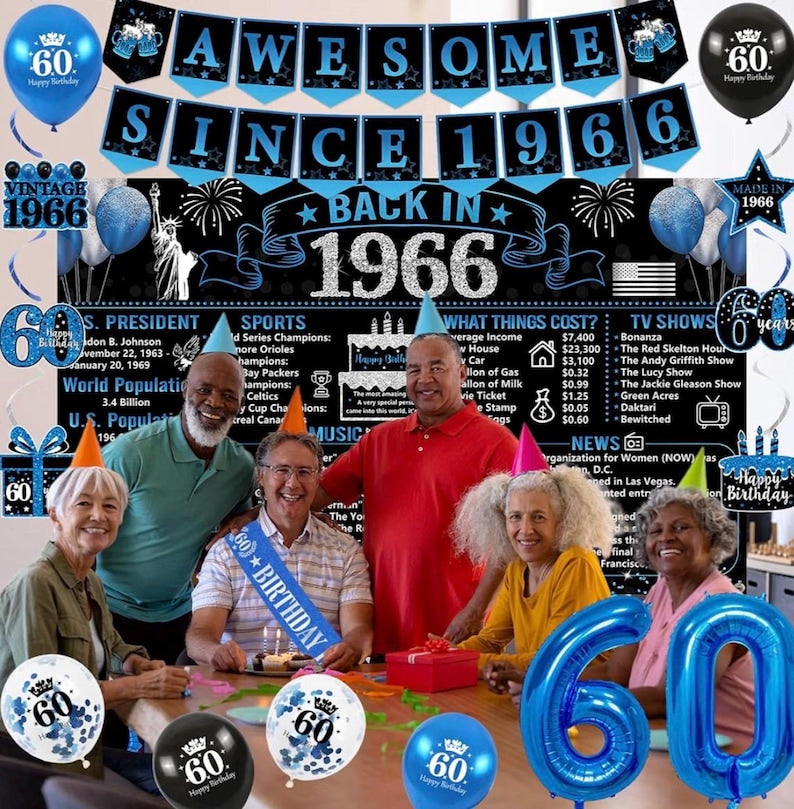 Back in 1966 Birthday Decorations for Men, 20PCS Black Blue 60th Birthday Party Supplies, Blue Back in 1966 Poster Banner, Sash, 60 Year Old