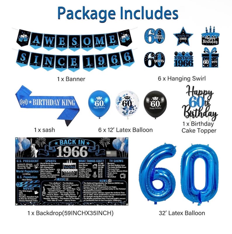 Back in 1966 Birthday Decorations for Men, 20PCS Black Blue 60th Birthday Party Supplies, Blue Back in 1966 Poster Banner, Sash, 60 Year Old