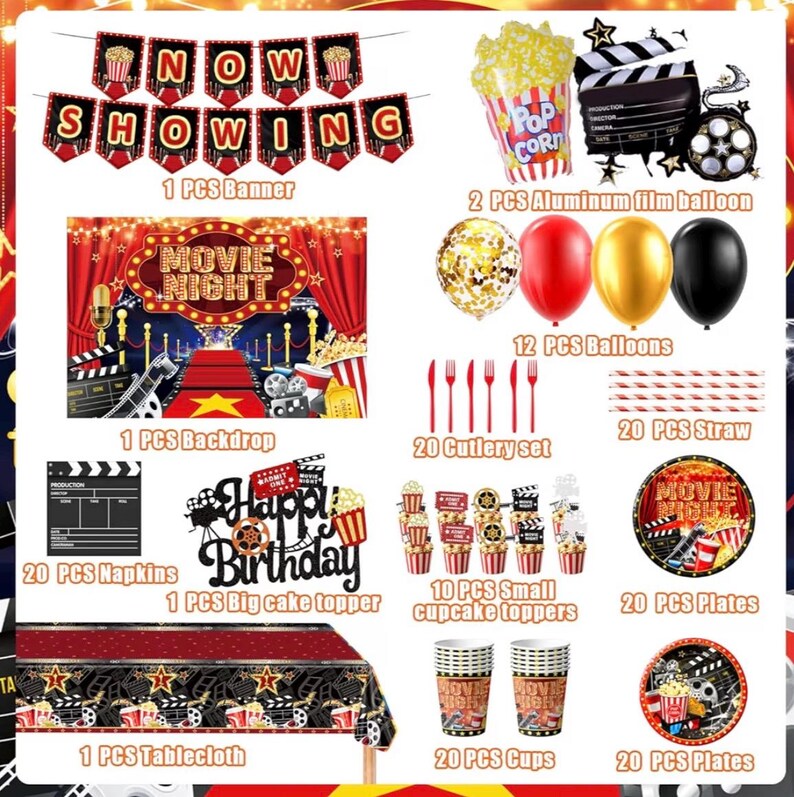 Movie Night Party Decorations,Movie Themed Party Supplies with Napkins Plates Cups Tablecloth,Now Showing Banner Backdrop for Birthday