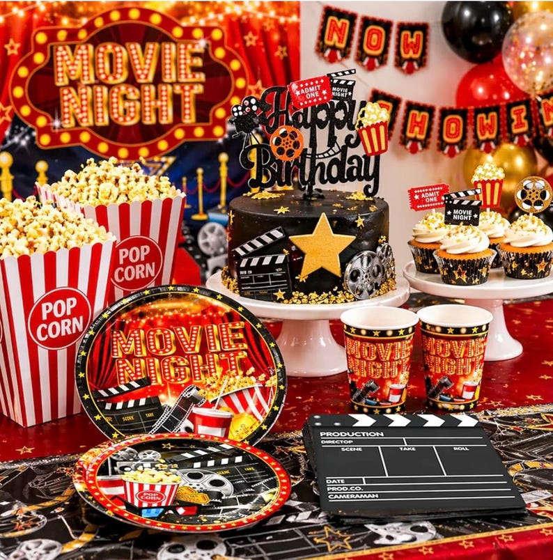 Movie Night Party Decorations,Movie Themed Party Supplies with Napkins Plates Cups Tablecloth,Now Showing Banner Backdrop for Birthday