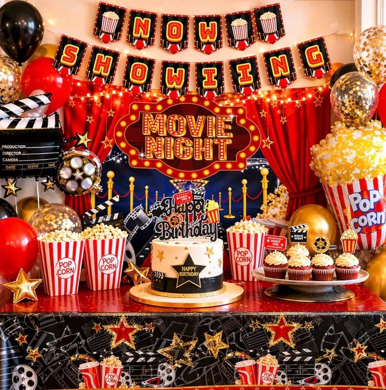 Movie Night Party Decorations,Movie Themed Party Supplies with Napkins Plates Cups Tablecloth,Now Showing Banner Backdrop for Birthday