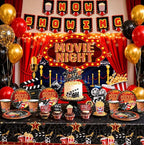 Movie Night Party Decorations,Movie Themed Party Supplies with Napkins Plates Cups Tablecloth,Now Showing Banner Backdrop for Birthday