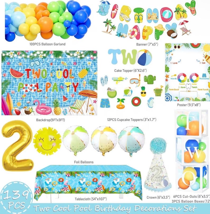Pool Party Decorations, Two the Pool Party Decorations, 2nd Birthday Supplies with Two Cool Backdrop,Balloon Garland, Boxes for Summer Beach