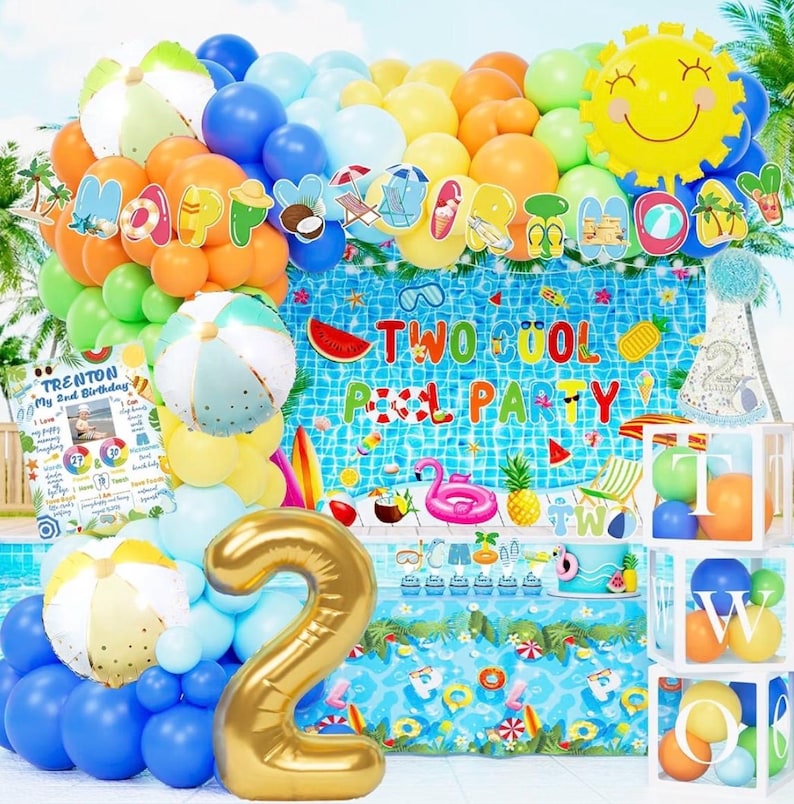 Pool Party Decorations, Two the Pool Party Decorations, 2nd Birthday Supplies with Two Cool Backdrop,Balloon Garland, Boxes for Summer Beach